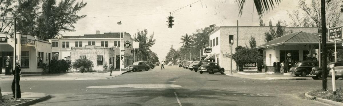 Street intersection with traffic signal (circa 1950s)