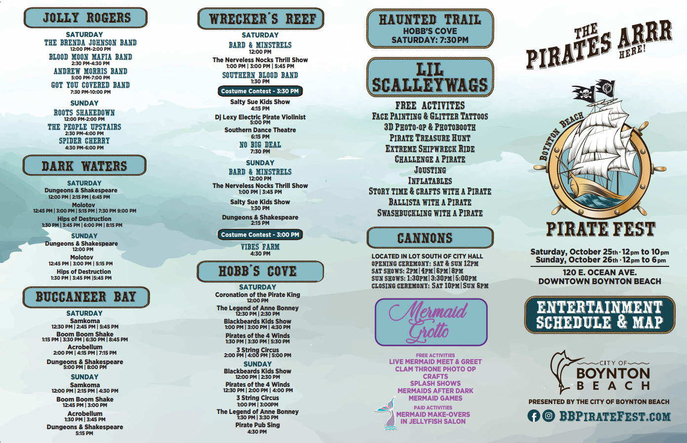 Back side of the Boynton Beach Pirate Fest 2025 quad-fold map showing a detailed illustrated layout 