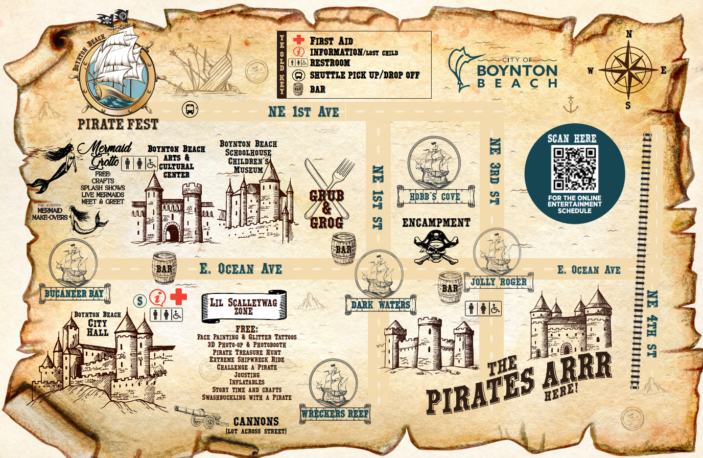 Front side of the Boynton Beach Pirate Fest 2025 quad-fold map. Features the event title “Boynton Be