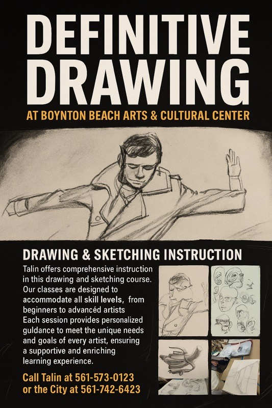 Flyer for a drawing class with pencil sketches.