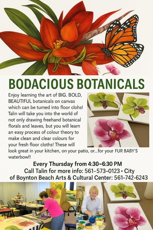 Flyer for a botanical painting class with bright floral art.