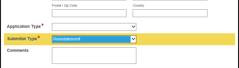 submittal type reinstatement